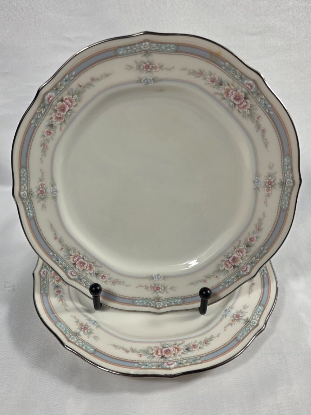 TWO Noritake Rothschild Bread Plates Ivory Blue Band with Pink Flowers